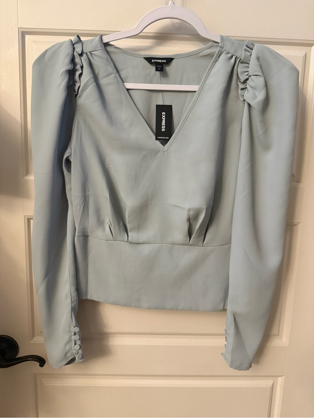 Express Light Blue V-Neck Puff Shoulder Blouse